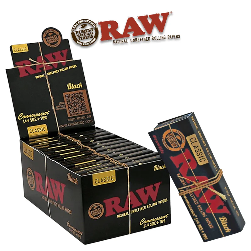 RAW 1.1/4 CONNOISSEUR BLACK CLASSIC + TIPS 24CT